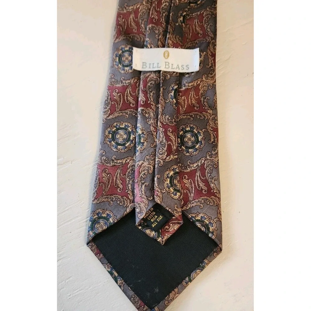 Men's Bill Blass Tie 100% Silk Abstract Multi Color Print ,Burgandy, Stone